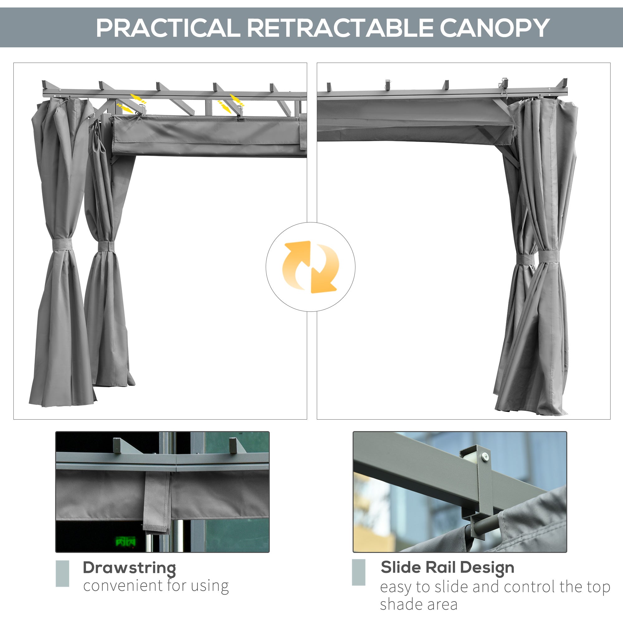 Outsunny 3.6 x 3(m) Outdoor Pergola Gazebo with Retractable Canopy and Curtains Garden Sun Shade, Dark Grey