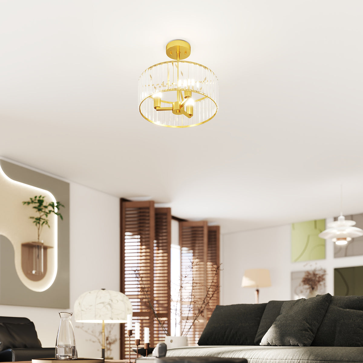 Crystal Ceiling Light Fixture, Semi Flush Mount Modern Crystal Chandelier Ceiling Light for Living Room, Bedroom, Hallway, Dining Room, E14 Base 3-Lights, Bulbs Not Included, Gold Tone