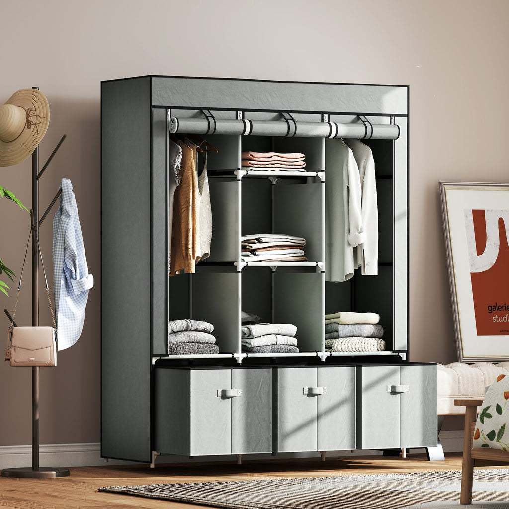 Foldable Fabric Wardrobe for Bedroom, Portable Wardrobe with 5 Shelves, 2 Hanging Rails and 3 Fabric Drawers, Light Grey