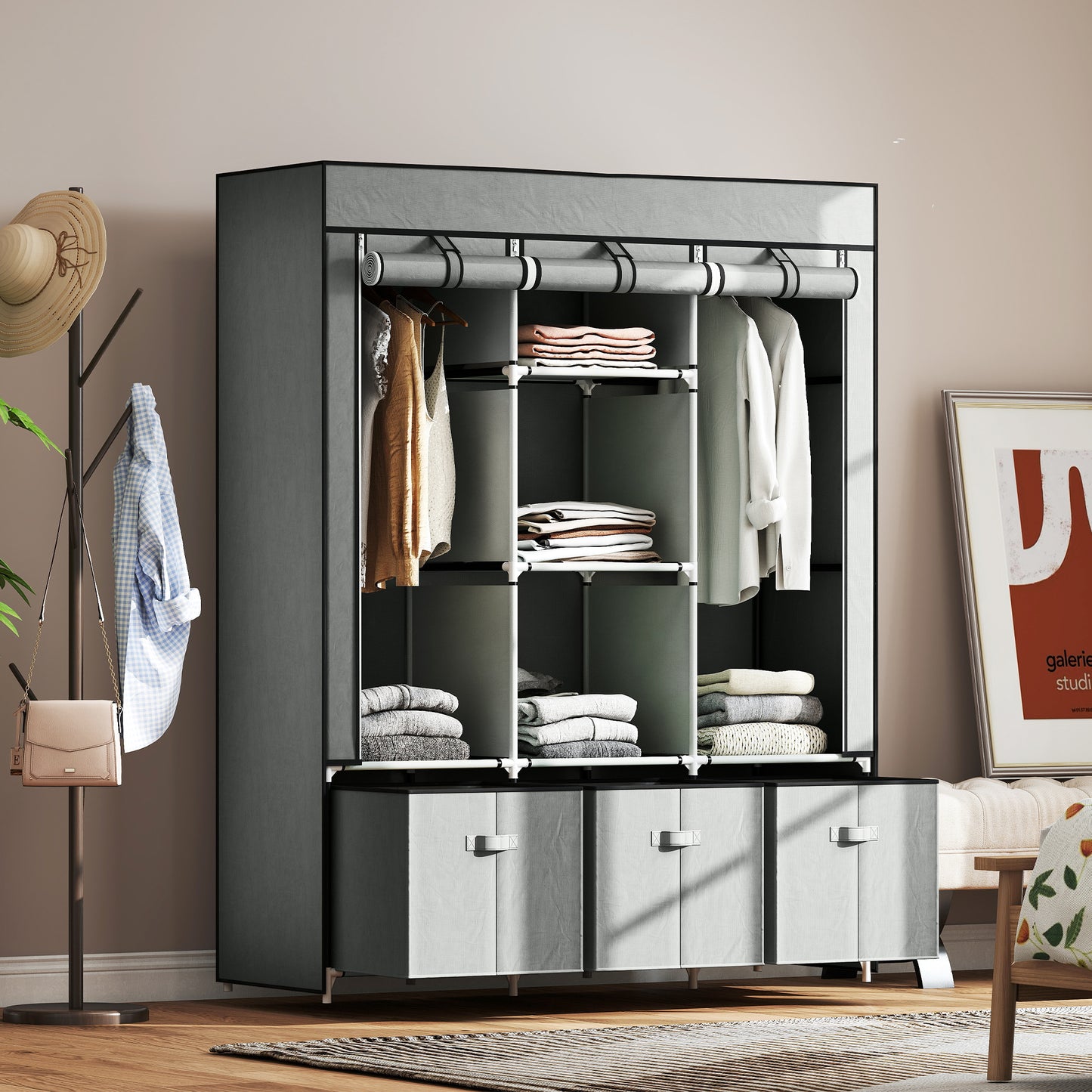 Foldable Fabric Wardrobe for Bedroom, Portable Wardrobe with 5 Shelves, 2 Hanging Rails and 3 Fabric Drawers, Light Grey