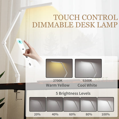 LED Desk Lamp, Dimmable Desk Light with Swing Arm and Clamp, Adjustable Eye-Caring Table Lamp with 2 Colour Modes & 5 Brightness Levels for Study, Drawing, Office, Architect, Task, White