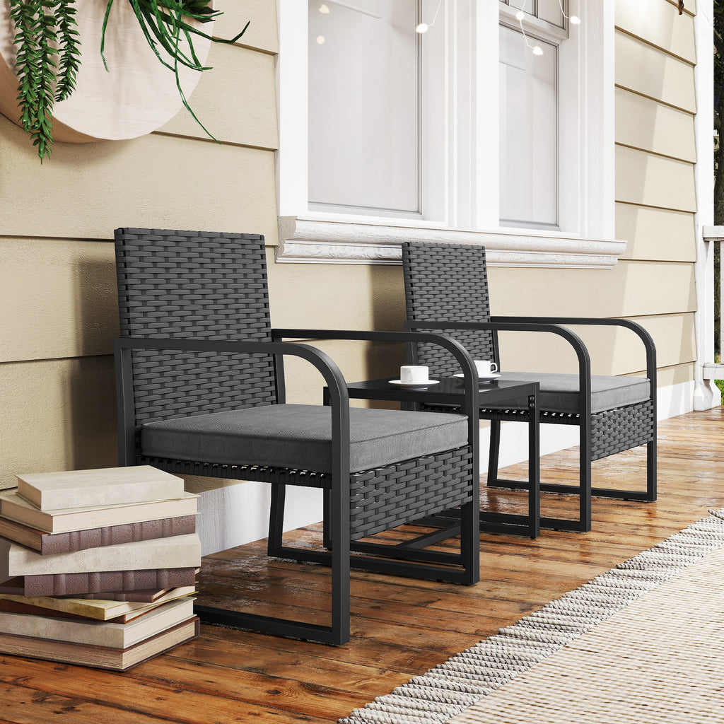 Outsunny Rattan Bistro Set, 3 Piece Garden Furniture Set with Cushions and Glass Top Table, Black
