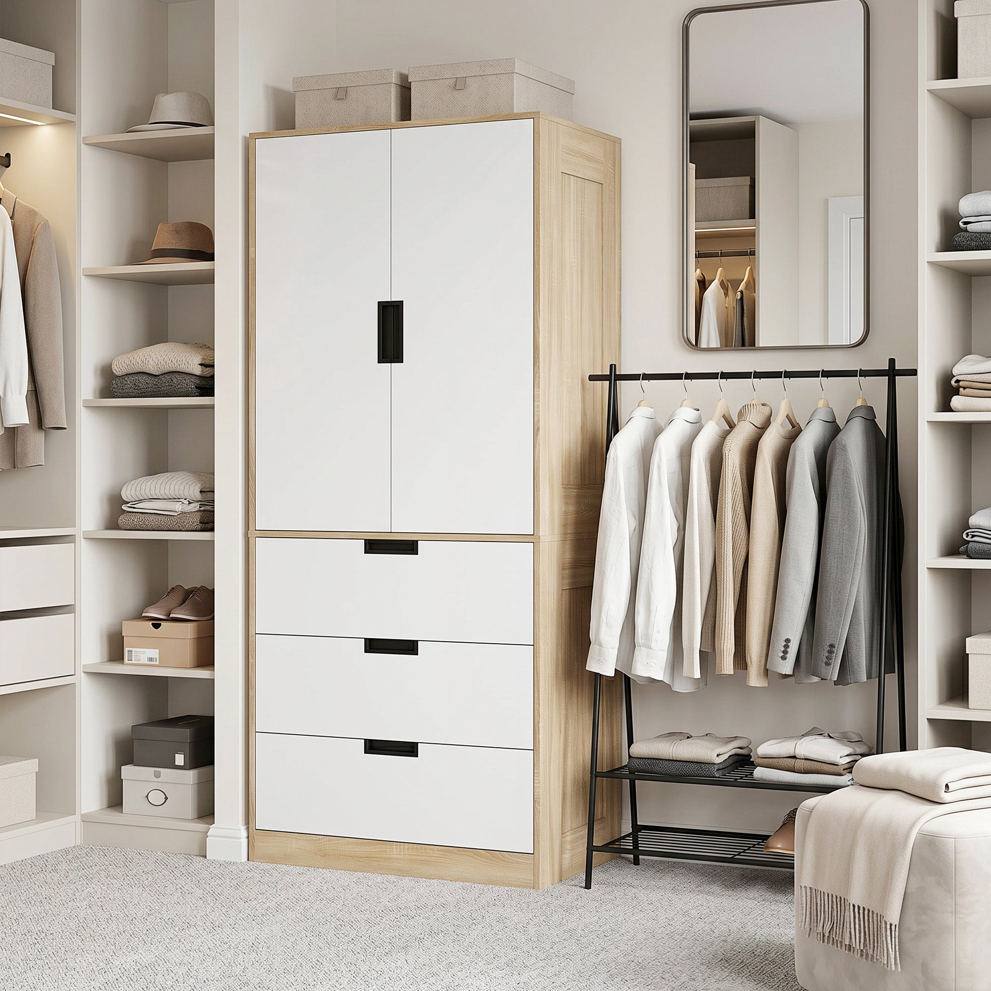 Modern Clothes Storage Cupboard Unit, 3 Drawer 2 Door Wardrobe with Hanging Rod, Oak