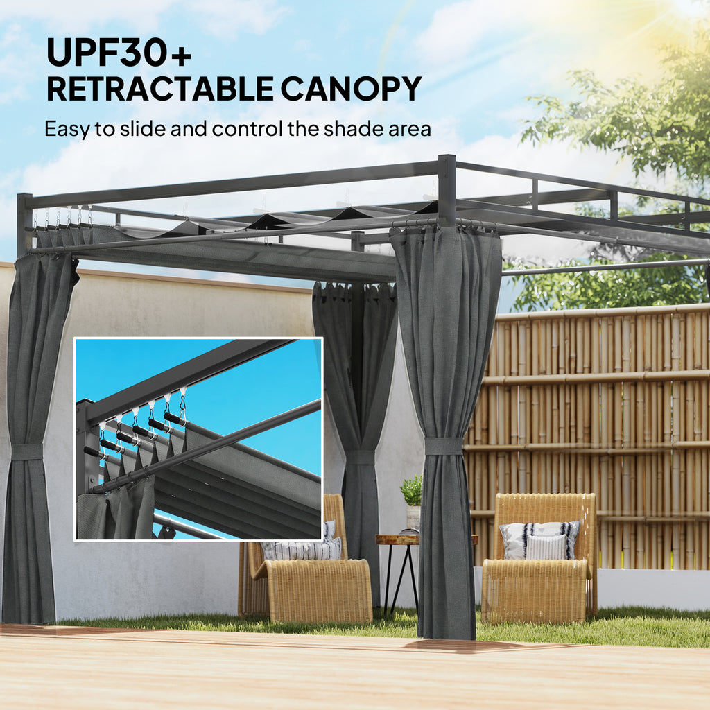 Outsunny 3 x 3 m Pergola with Retractable Roof Canopy and Curtains, UPF30+ Metal Frame Garden Pergola Gazebo Sun Shade, Dark Grey