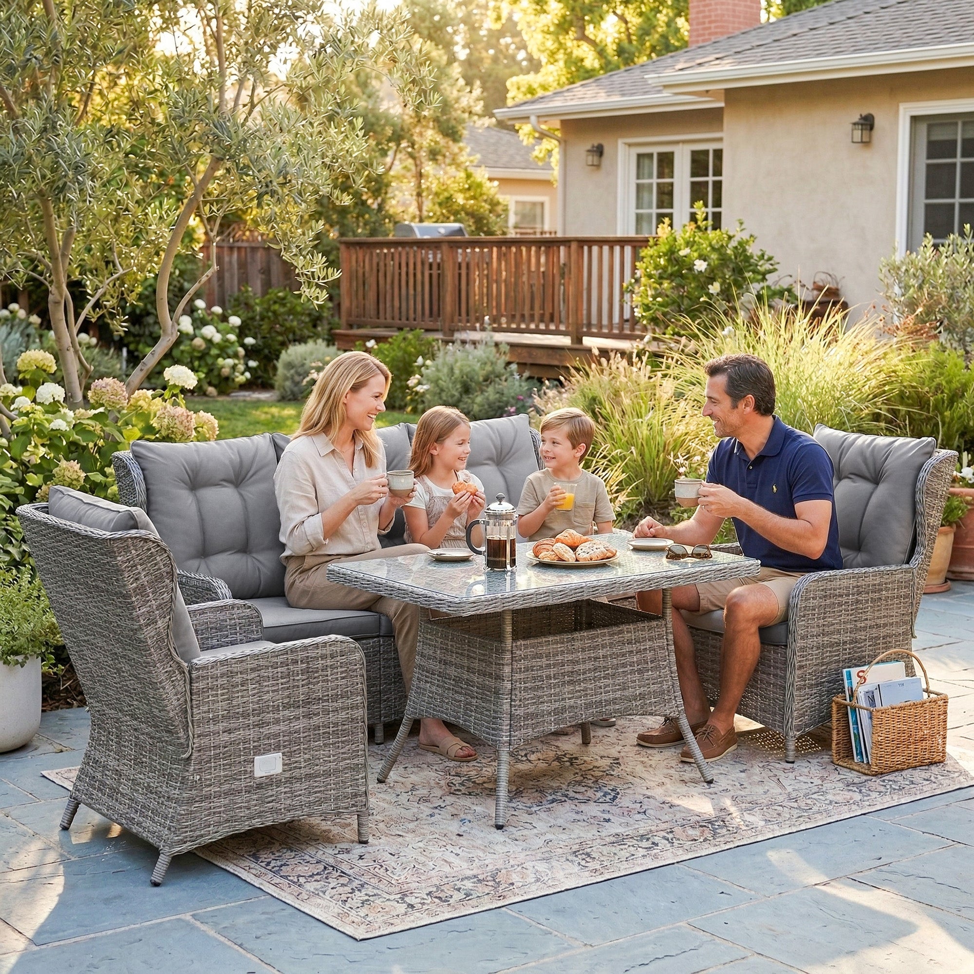 Outsunny 5 Seater Rattan Garden Furniture Set with Sofa, Reclining Chairs, Table, Patio Rattan Furniture Sofa Sets, Grey