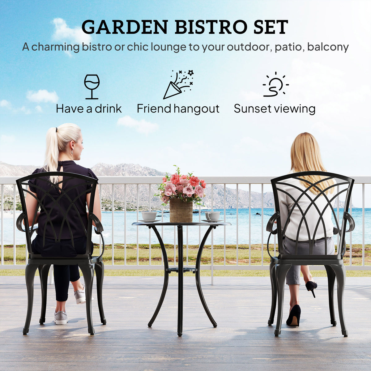 Outsunny 3 Pieces Garden Dining Set for 2, Cast Aluminium Outdoor Dining Set with 2 Armchairs and Round Dining Table with Parasol Hole, Garden Furniture Bistro Set, Brown