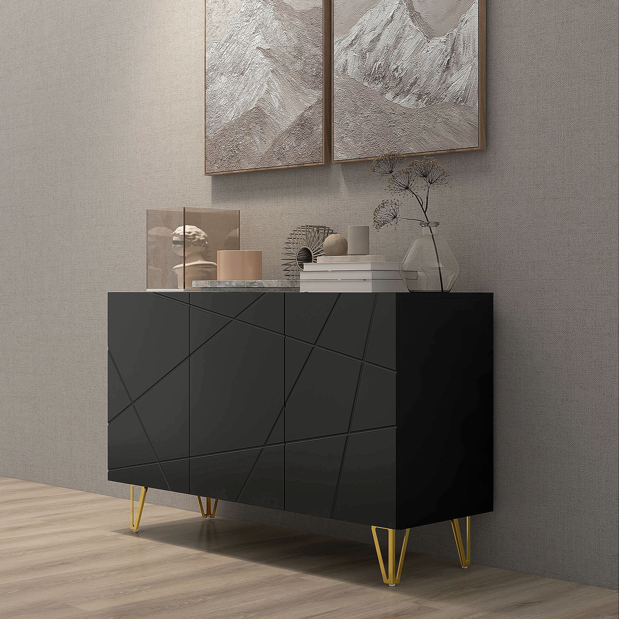 HOMCOM Modern Luxe High Gloss Sideboard, with Hairpin Legs - Black