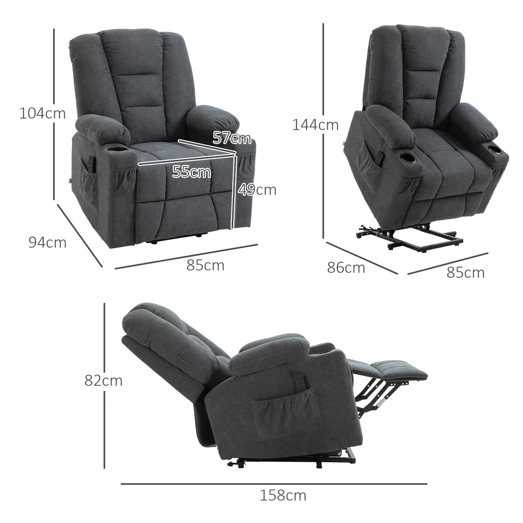 HOMCOM Electric Riser Recliner Armchair? Oversized Chair with Cup Holder & Side Pockets for Elderly in Living Room, Charcoal Grey