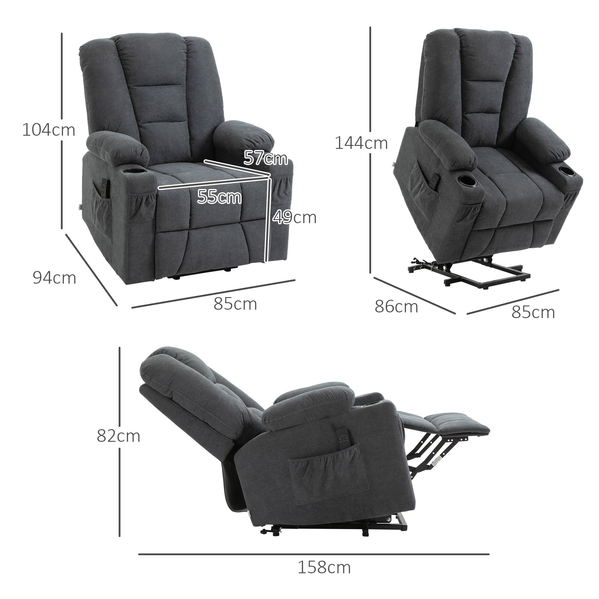 HOMCOM Electric Riser Recliner Armchair? Oversized Chair with Cup Holder & Side Pockets for Elderly in Living Room, Charcoal Grey
