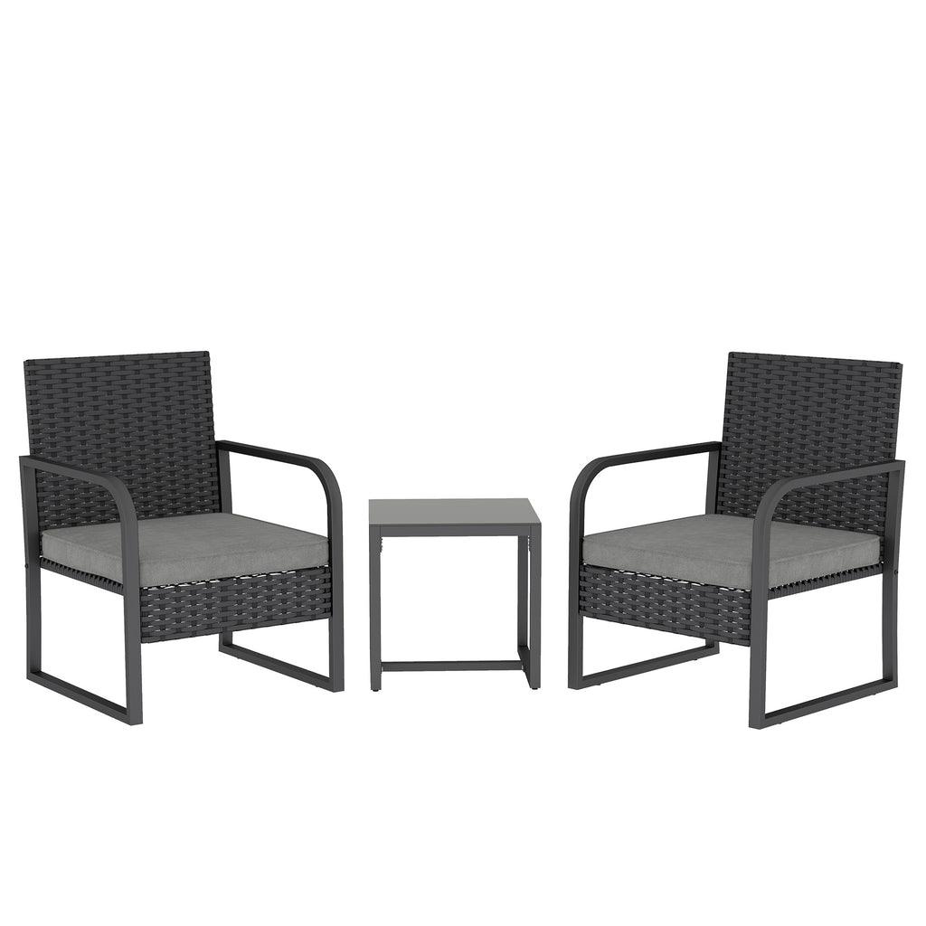 Outsunny Rattan Bistro Set, 3 Piece Garden Furniture Set with Cushions and Glass Top Table, Black