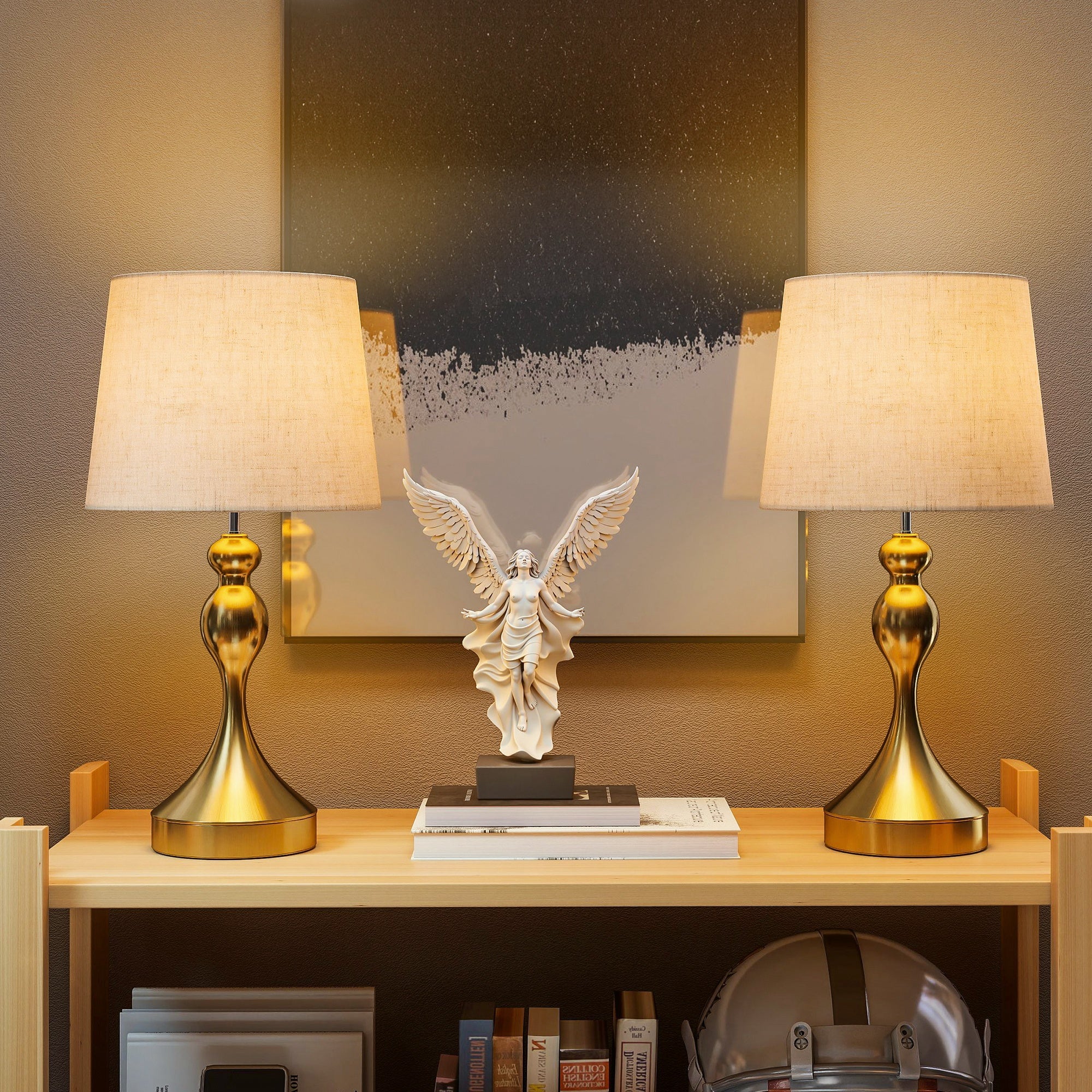 Set of Two Three-Colour Lamps, with USB Ports - Gold Tone