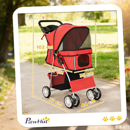 PawHut Dog Pram, Pet Stroller with Reflective Strips, Foldable Cat Stroller with 360° Swivel Wheels, Red