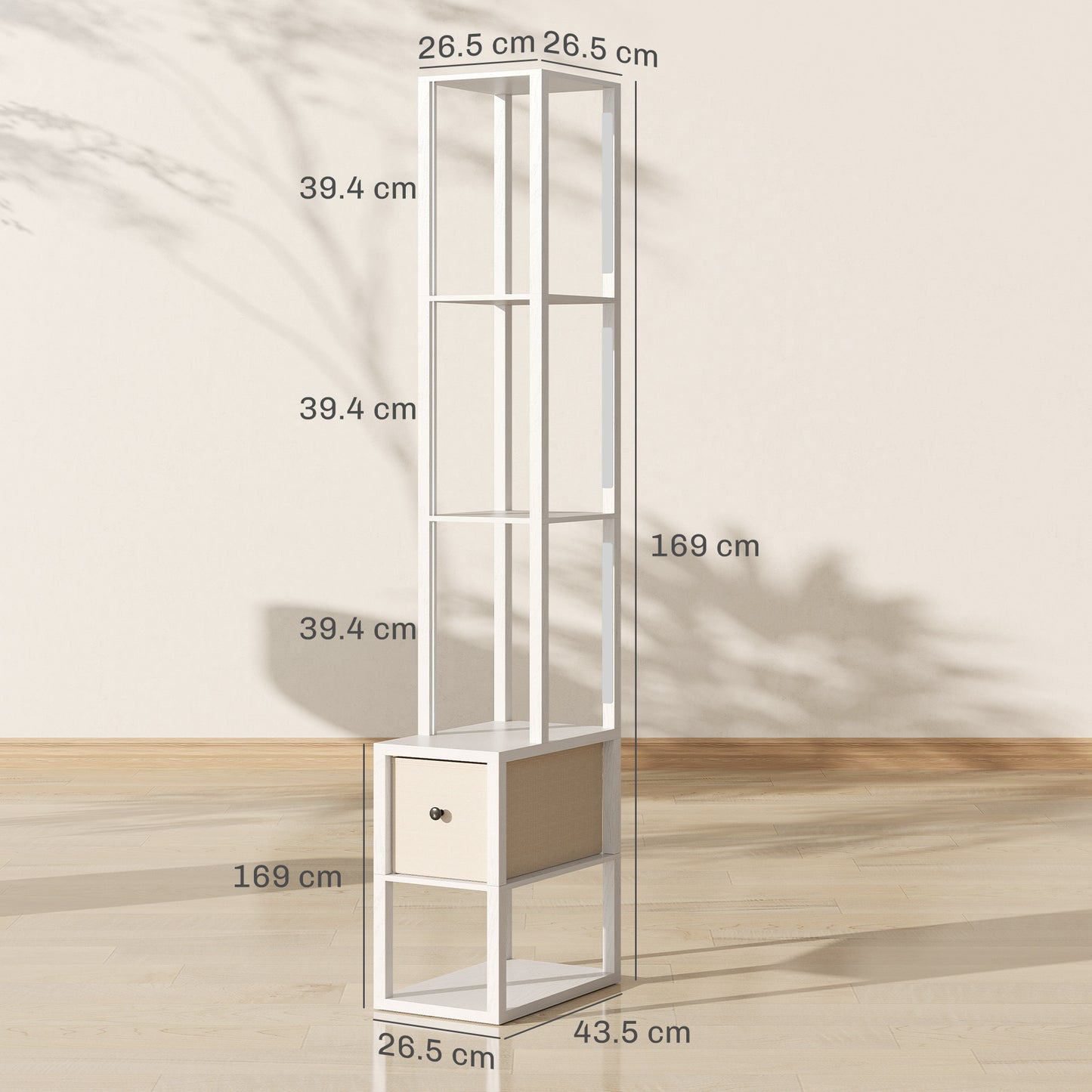 Floor Lamp with Shelves, LED Column Modern Standing Lamp with Fabric Drawer, Adjustable Brightness, Foot Switch for Living Room, Bedroom, Office, White