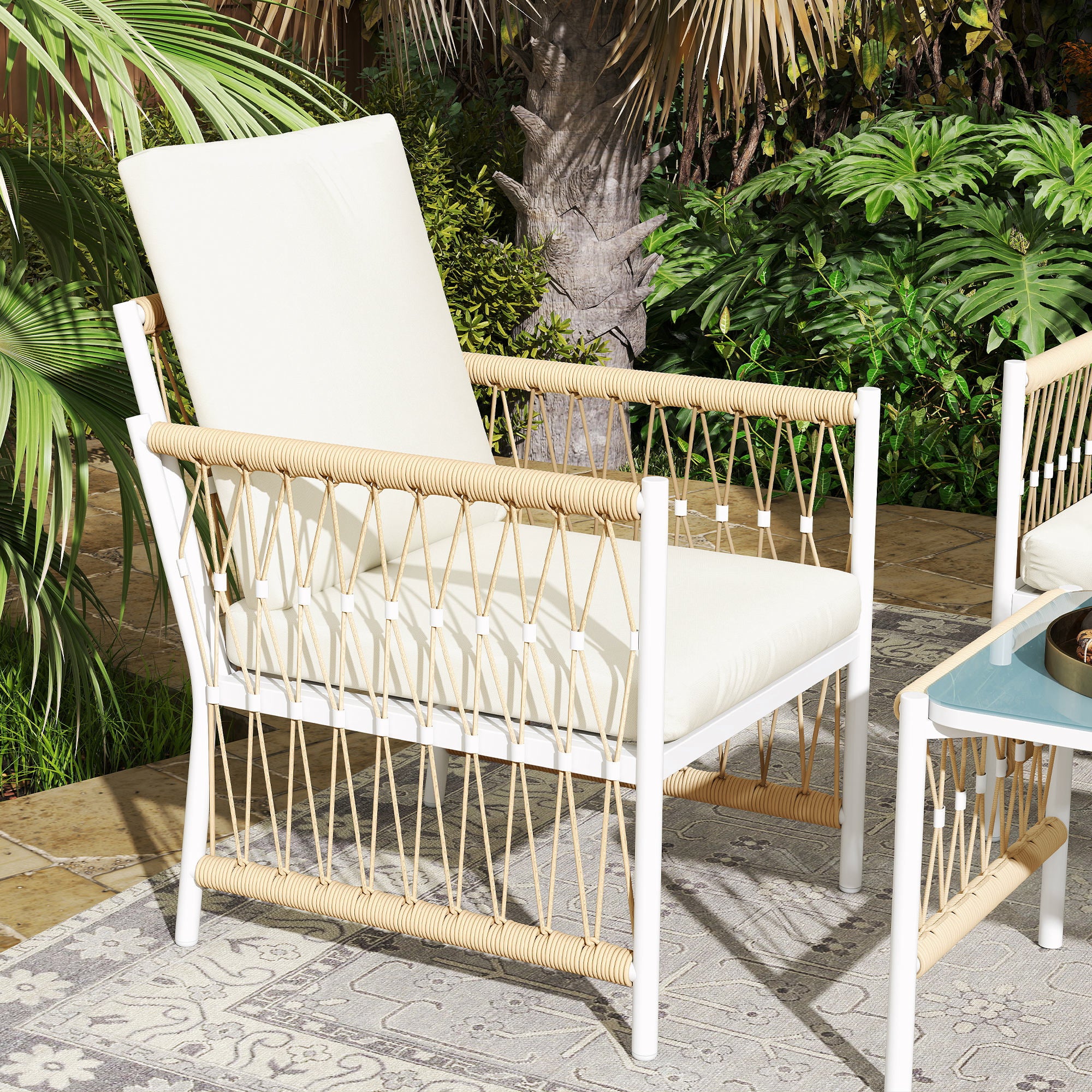 Outsunny 4 Piece Rattan Garden Furniture Set, 4 Seater Wicker Patio Conversation Set with 2 Armchairs, Loveseat, Glass Top Coffee Table and Cushions for Outdoor, Balcony, Khaki