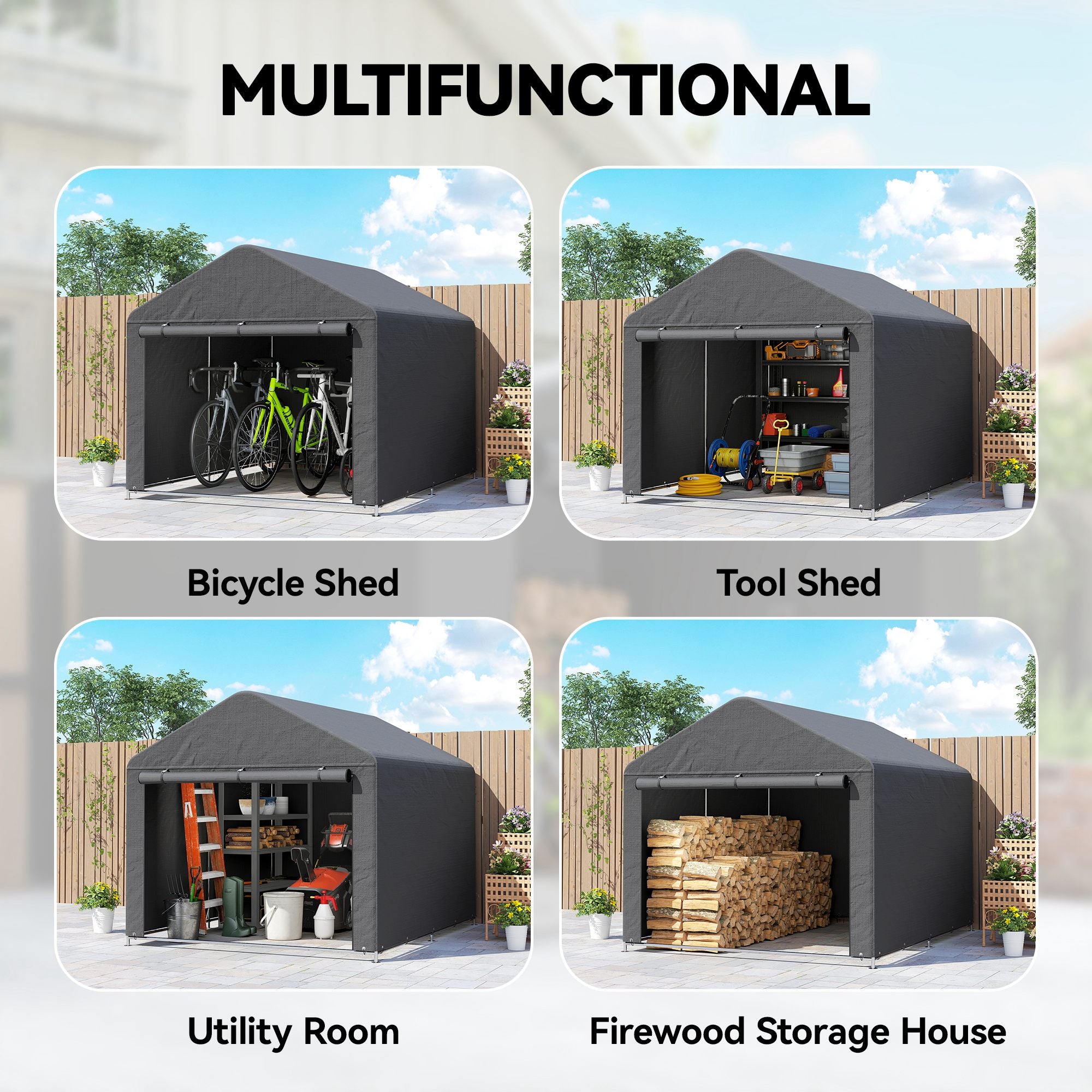 Outsunny 6.6 x 7.8ft Outdoor Garden Storage Shed, Waterproof Bike Tent with Roll-up Zipper Door, Galvanised Metal Frame, Portable Shed Shelter Carport for Motorcycle Garden Tools, Dark Grey