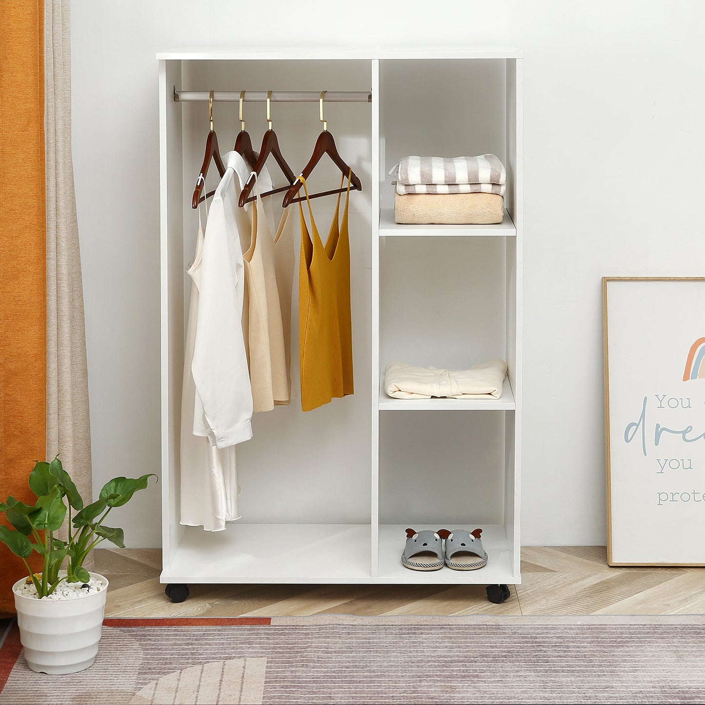 Open Wardrobe on Wheels, Bedroom Wardrobe with Clothes Hanging Rail, 3 Storage Shelves, Mobile Garment Rack for Cloakroom, Hallway, White