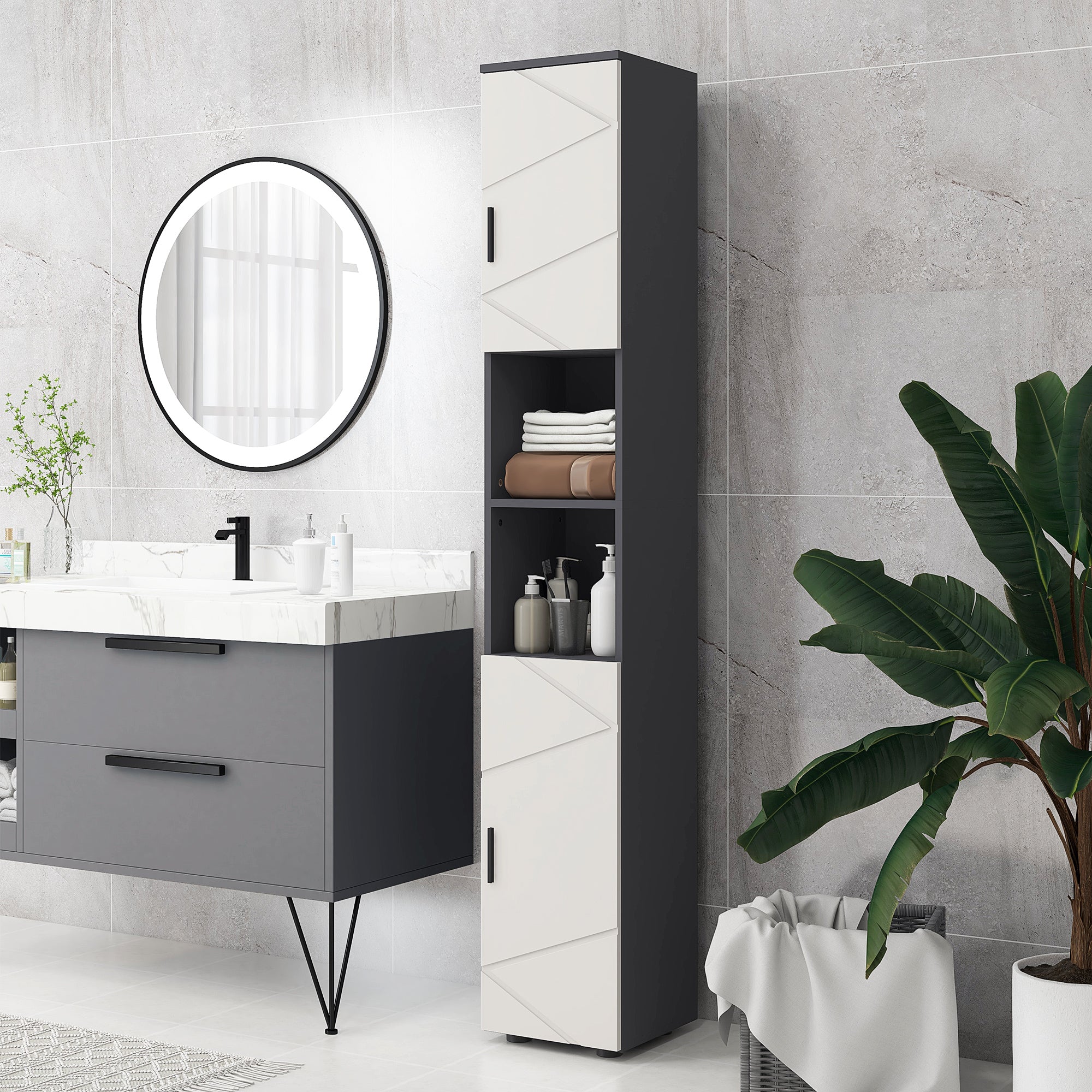 kleankin Line Embossed Tall Bathroom Storage Cabinet with Three-position Adjustable Shelves for Minimalist Style - Grey
