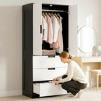 2 Door Wardrobe, Modern Wardrobe with 3 Drawers and Hanging Rod for Bedroom, Black