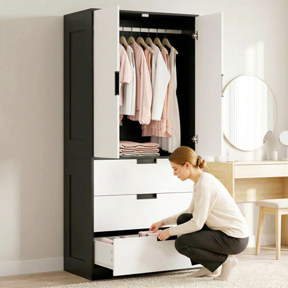 2 Door Wardrobe, Modern Wardrobe with 3 Drawers and Hanging Rod for Bedroom, Black