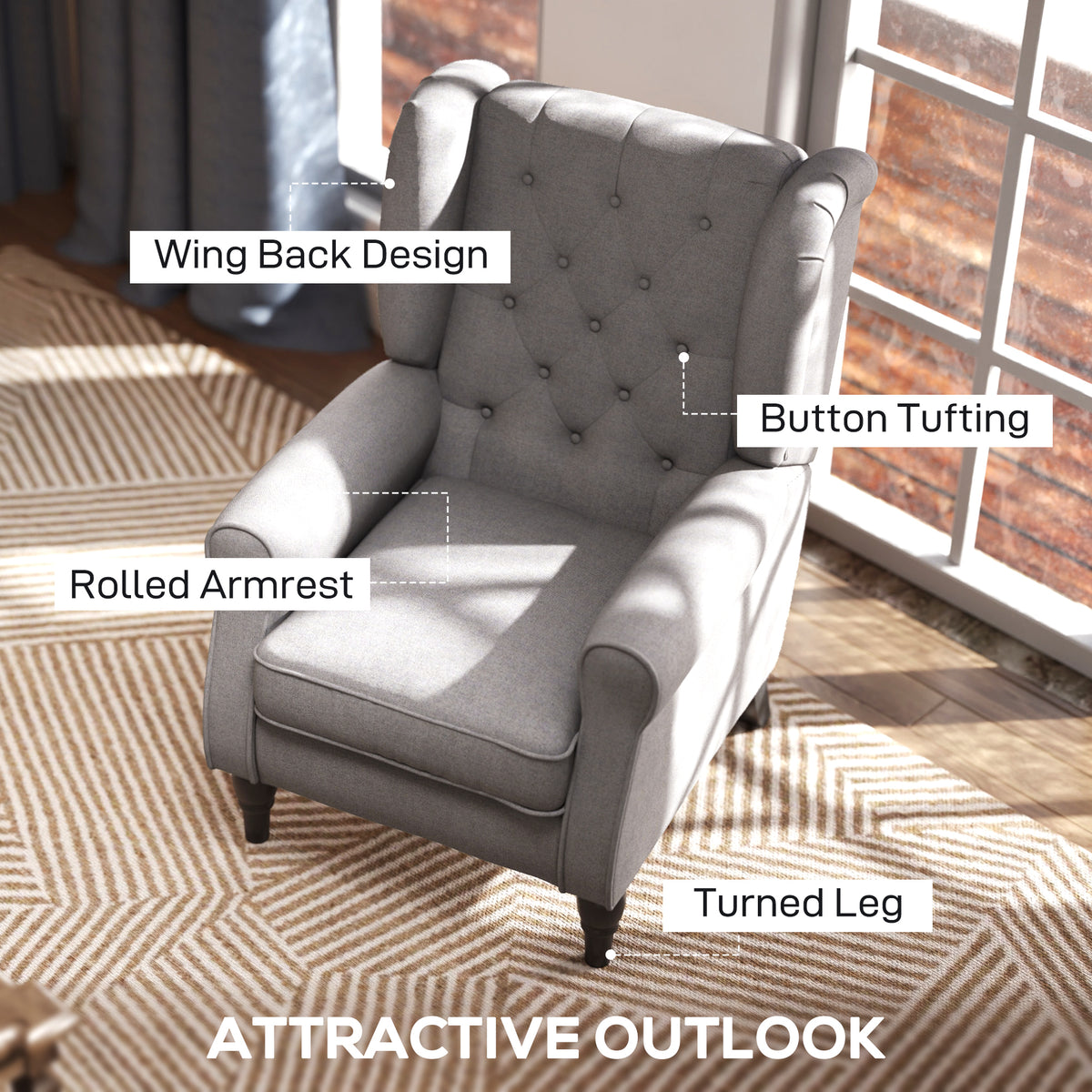 Retro Accent Chair, Wingback Armchair with Wood Frame Button Tufted Design for Living Room Bedroom, Grey