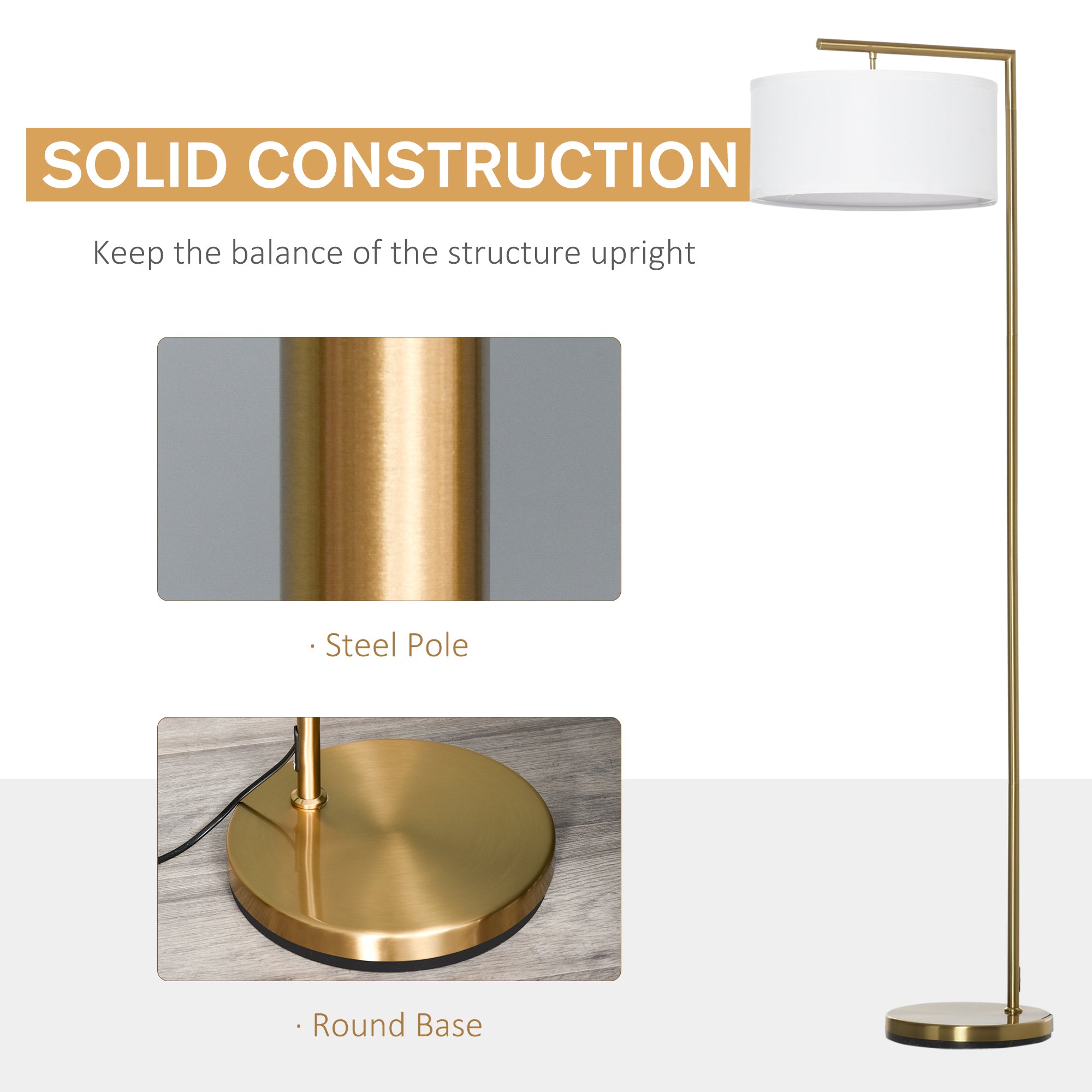 Floor Lamp, Modern Standing Lamp with Linen Lampshade, Round Base for Living Room, Bedroom, Dining Room, 153cm, Gold Tone and White
