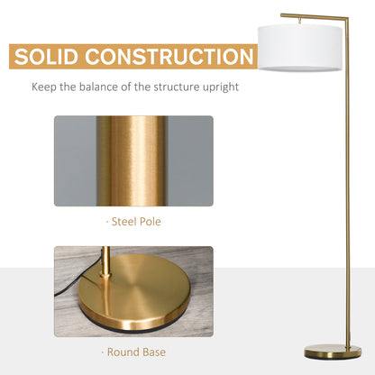 Floor Lamp, Modern Standing Lamp with Linen Lampshade, Round Base for Living Room, Bedroom, Dining Room, 153cm, Gold Tone and White