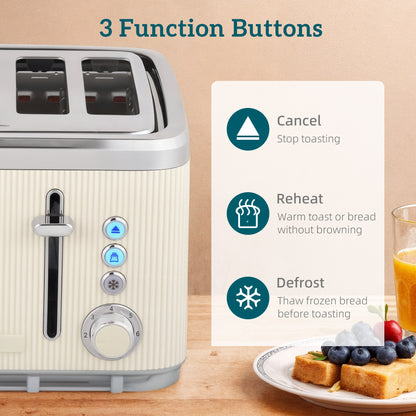 Electric Stainless Steel Kettle and Toaster Set, 3000W 1.7L UK Strix Thermostat Fast Boil Kettle w/ Limescale Filter, Cool Touch Body, 4 Slice Toaster with 7 Browning Levels, Cream White