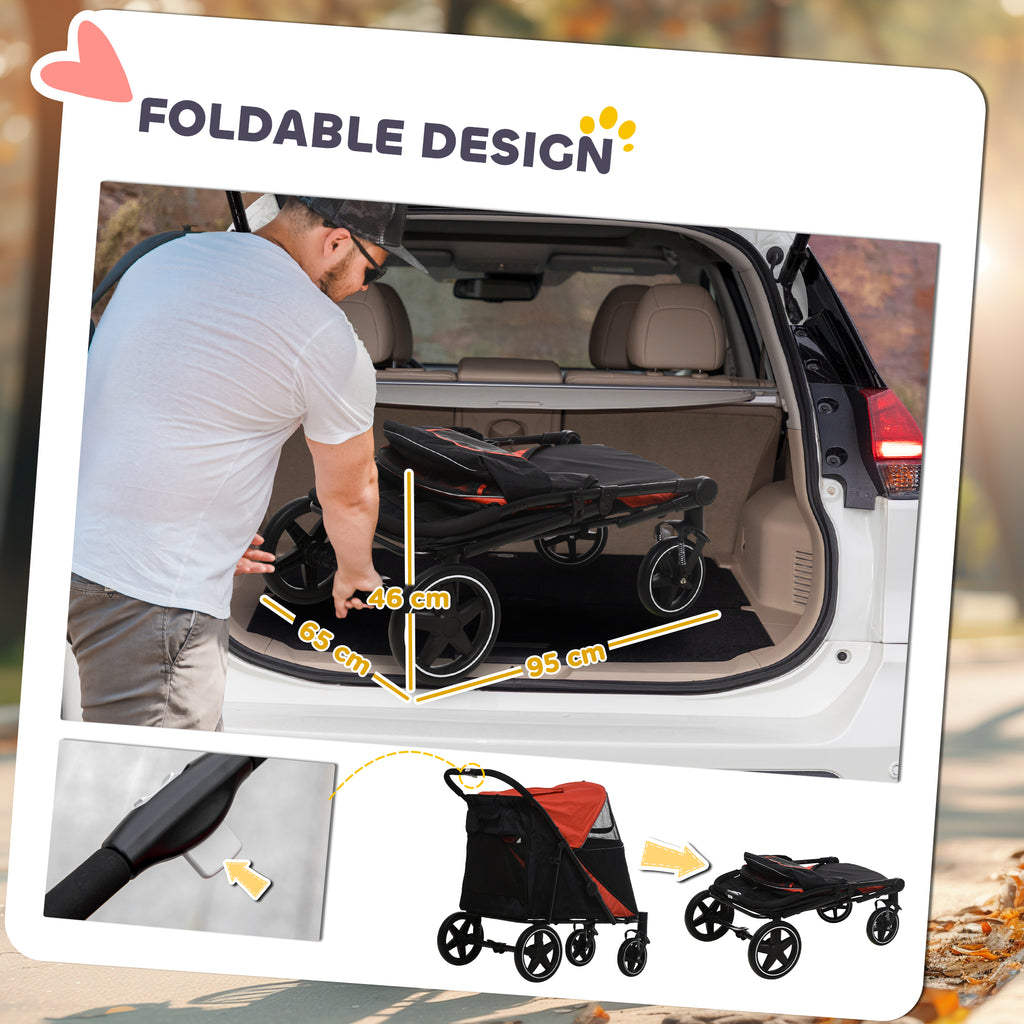 PawHut Foldable Pet Stroller, with Universal Wheels, Shock Absorber, for Medium and Large Dogs - Red