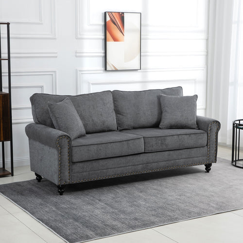 196cm 3 Seater Sofa, Fabric Sofa with Rubber Wood Legs, Nailhead Trim, 2 Pillows, Small Upholstered Couch Settee for Living Room, Guest Room, Grey