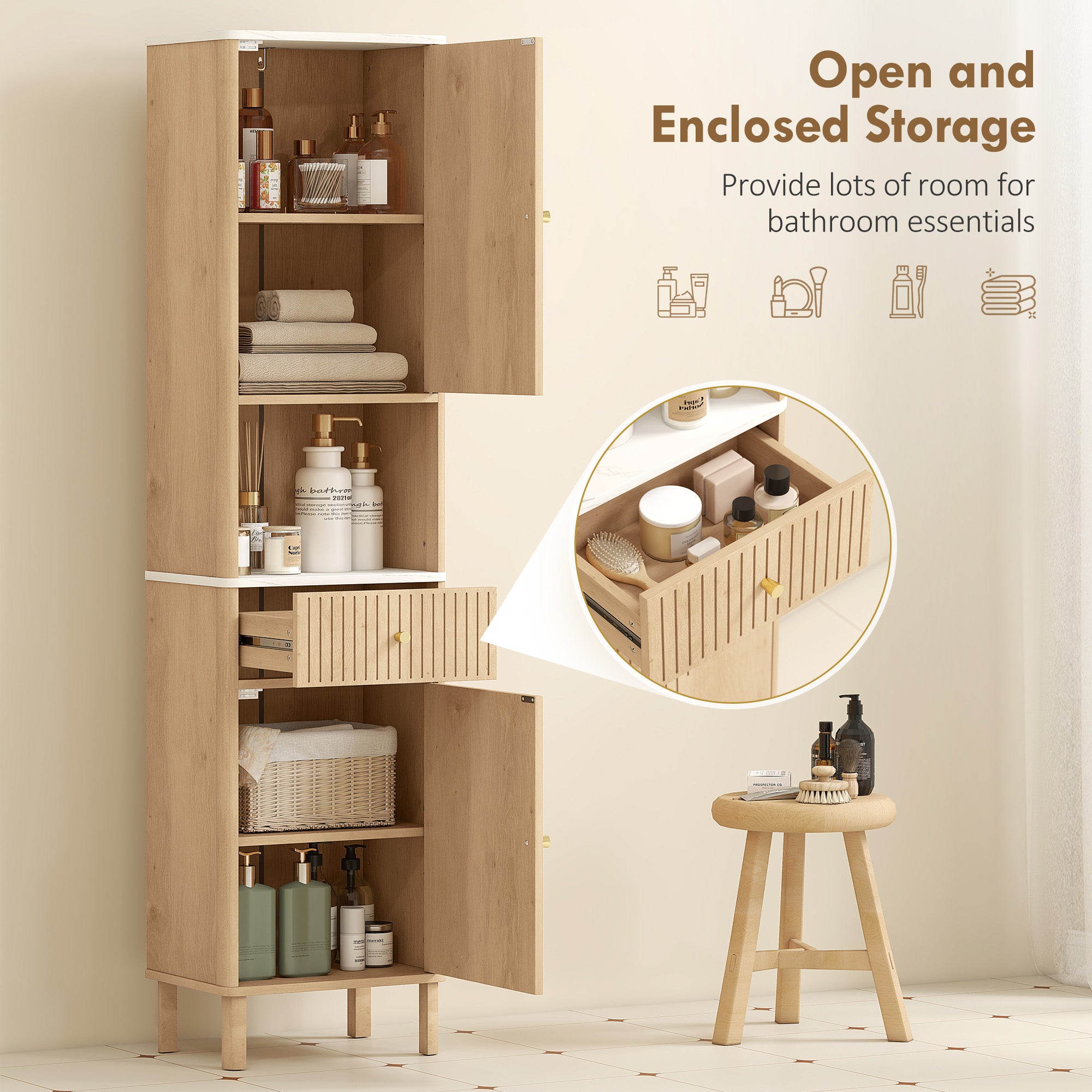 HOMCOM Slim Bathroom Cabinet with Silent Drawer Rail for Scandinavian, Japanese Styles - Wood-Effect