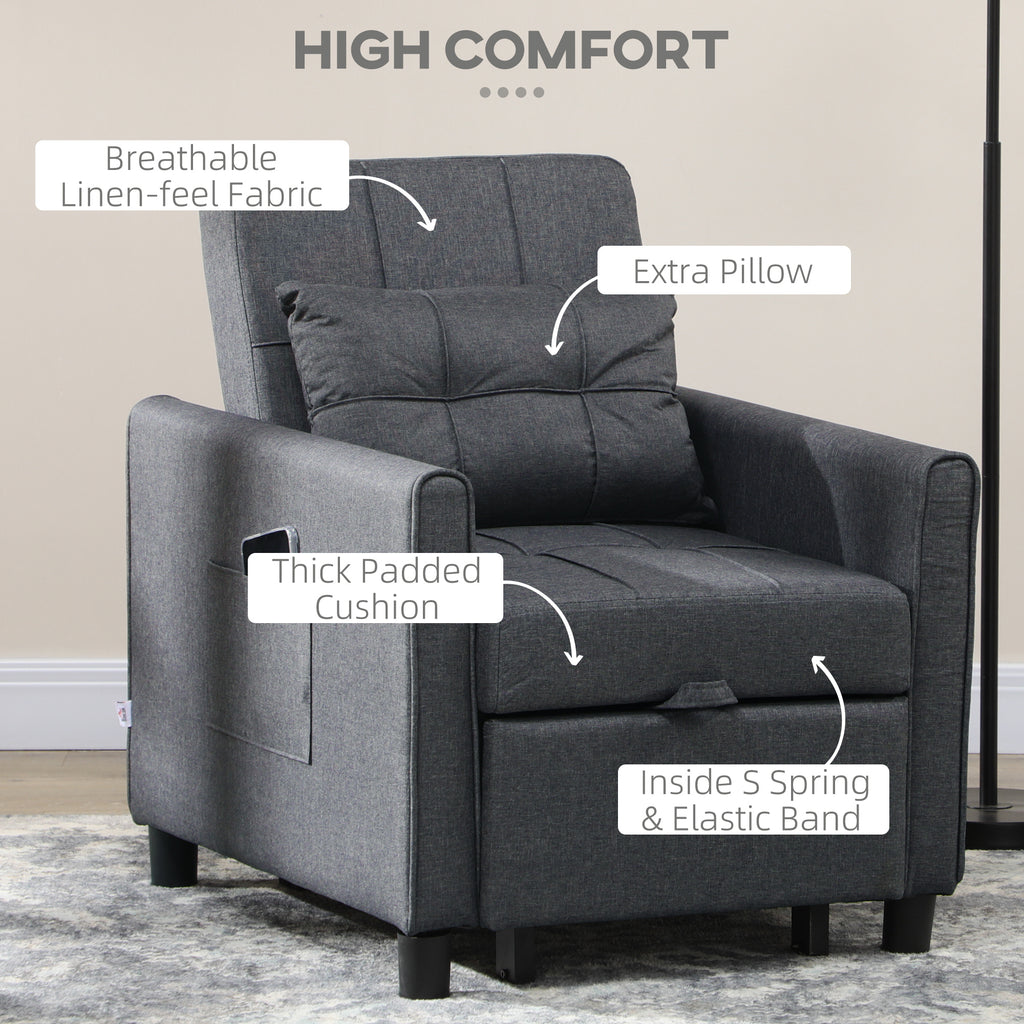 HOMCOM 3-In-1 Linen-Look Single Chair Bed with Adjustable Back & Eucalyptus Wood Sofa Frame - Grey