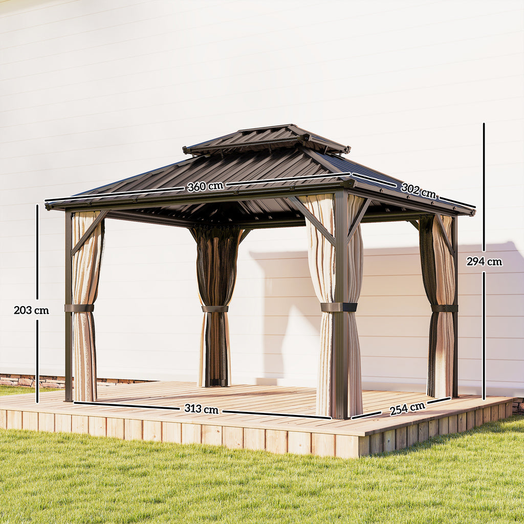 Outsunny 3x3.6 m Hardtop Gazebo Canopy with UPF50+ Double Galvanised Steel Roof, Brown