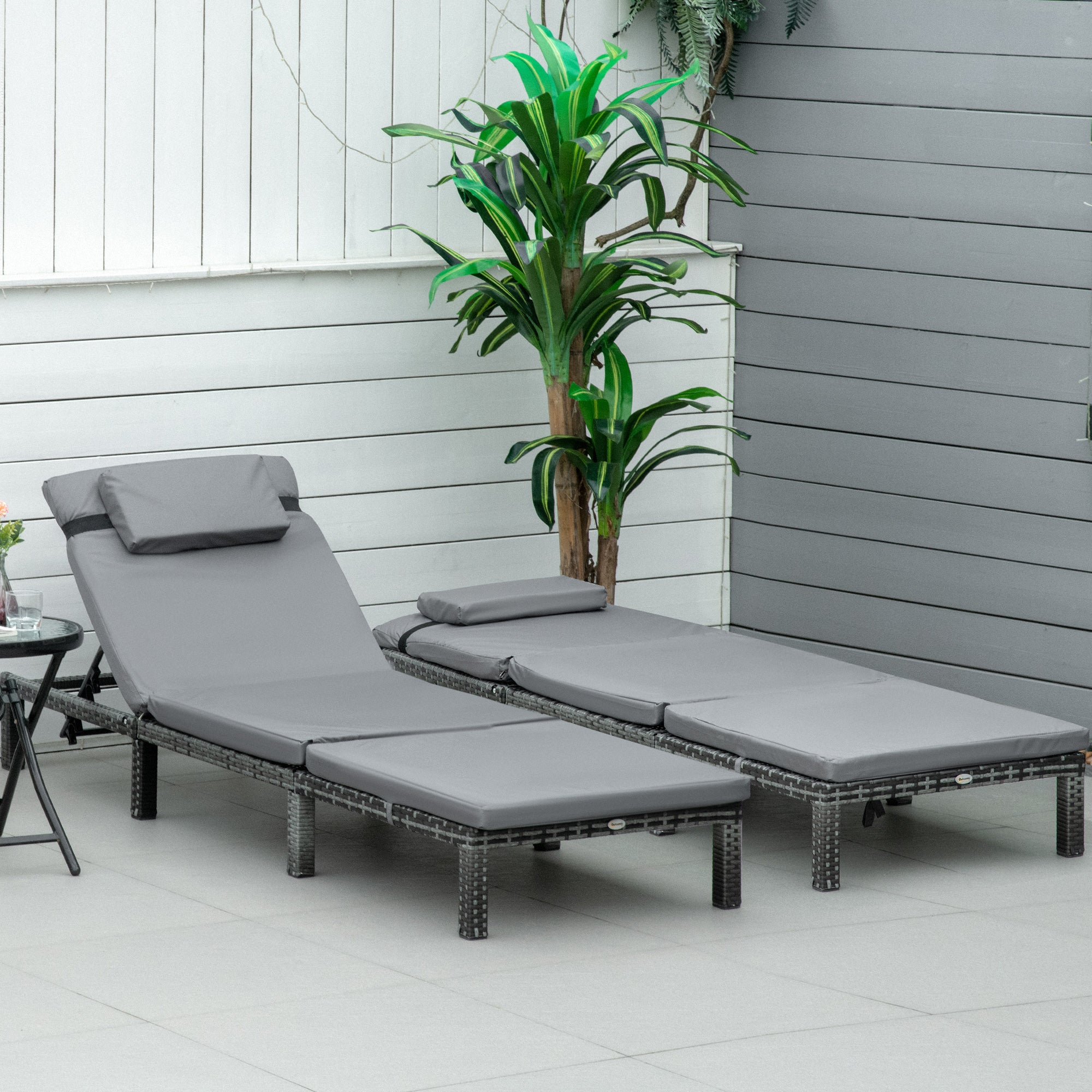 Outsunny 2 Pieces Outdoor PE Rattan Sun Loungers set of 2 with Cushion, Garden Wicker Sunbed Furniture with 5 - Level Recliner Backrest, Grey
