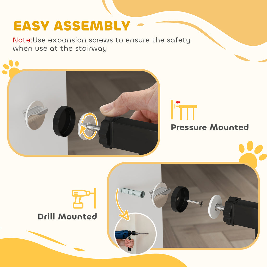 PawHut Metal 74-87cm Adjustable Pet Gate Safety Barrier w/ Auto-Close Door Black