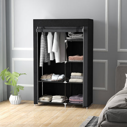 Fabric Wardrobe w/ Shelves Hanging Rail Foldable Wardrobe Black