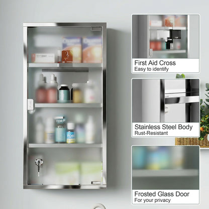 4 Tier Stainless Steel Wall Mounted Medicine Cabinet Glass Lockable Door Storage Shelves Houseware Bathroom Furniture 60Hx30Wx12D(cm) w/2 Keys