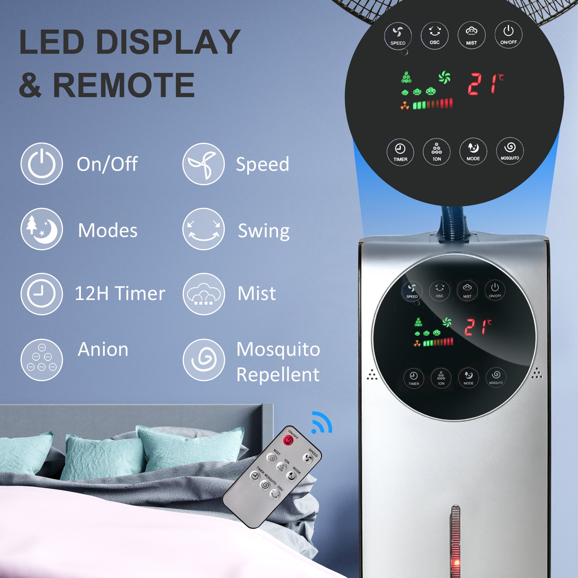 16" Pedestal Fan with Water Mist Spray, Humidifying Misting Fan, Standing Fan with 3 Speeds, 3.1L Water Tank, Timer and Electric Mosquito Killer Jack, Black