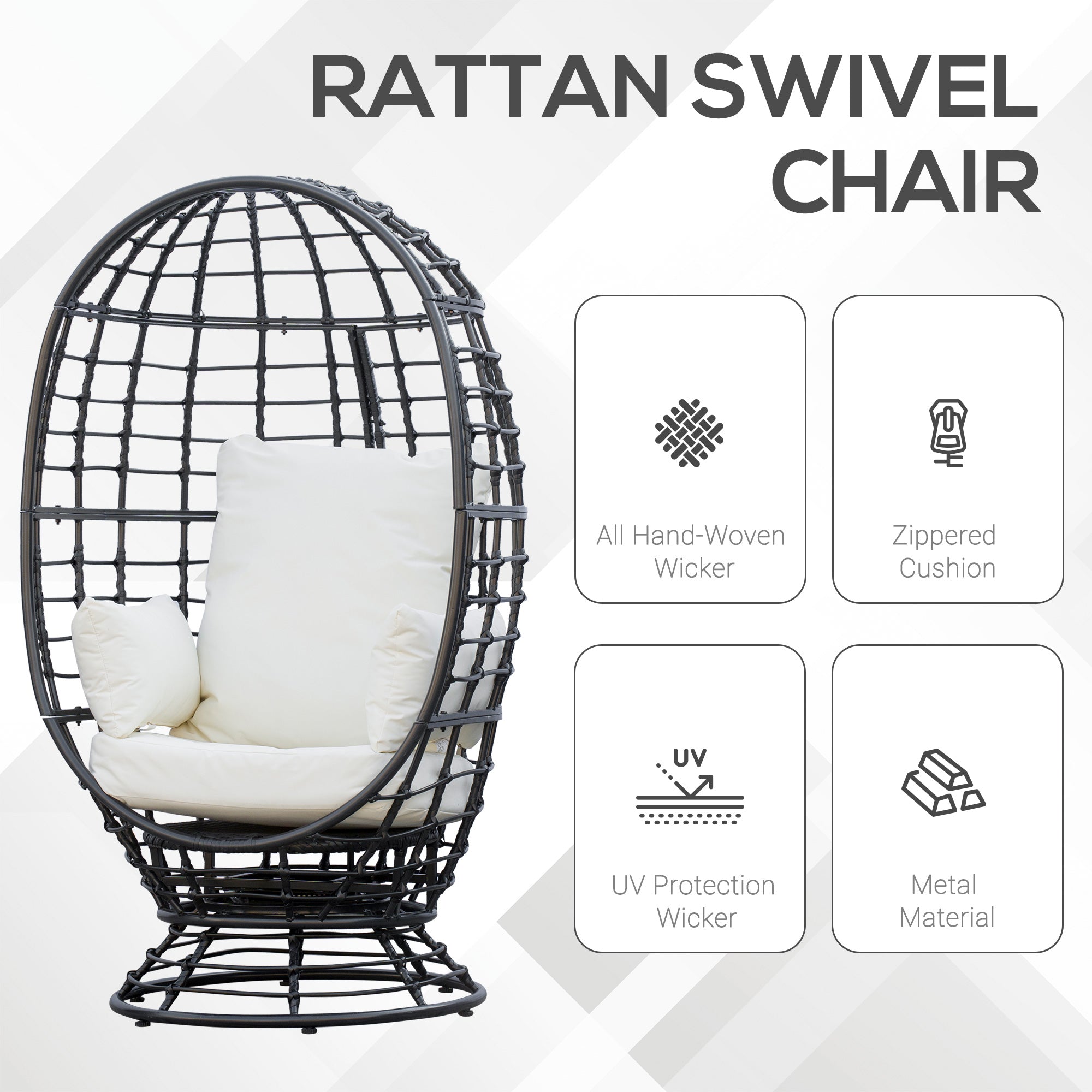 Outsunny 360° Swivel Egg Chair, Garden Rattan Swivel Chair with Thickened Cushion and Pillow, 150 KG Capacity for Indoor Outdoor, Balcony, Patio, Black