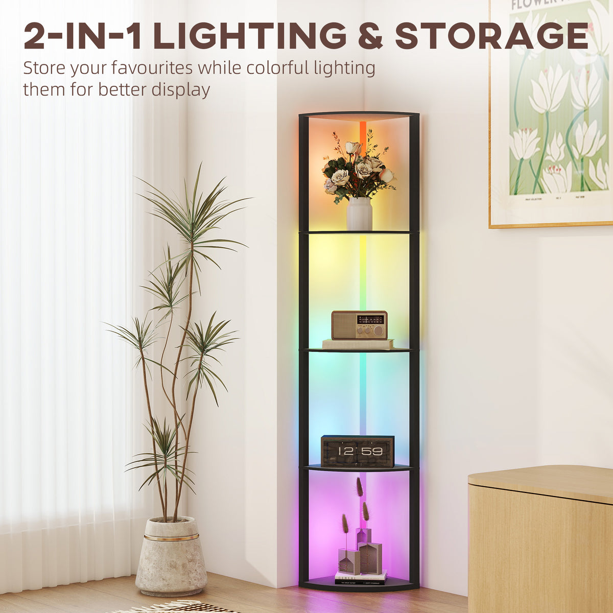 RGB LED Floor Lamp with Shelves, 4-Tier Dimmable Standing Lamp with Remote Control, Black