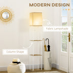 Modern Metal Floor Lamp with Shelves, 3 Layer Shelf Tall Standing Lamp with Fabric Lampshade, Pull Chain Switch for Living Room, Bedroom, Bulb not Included, White