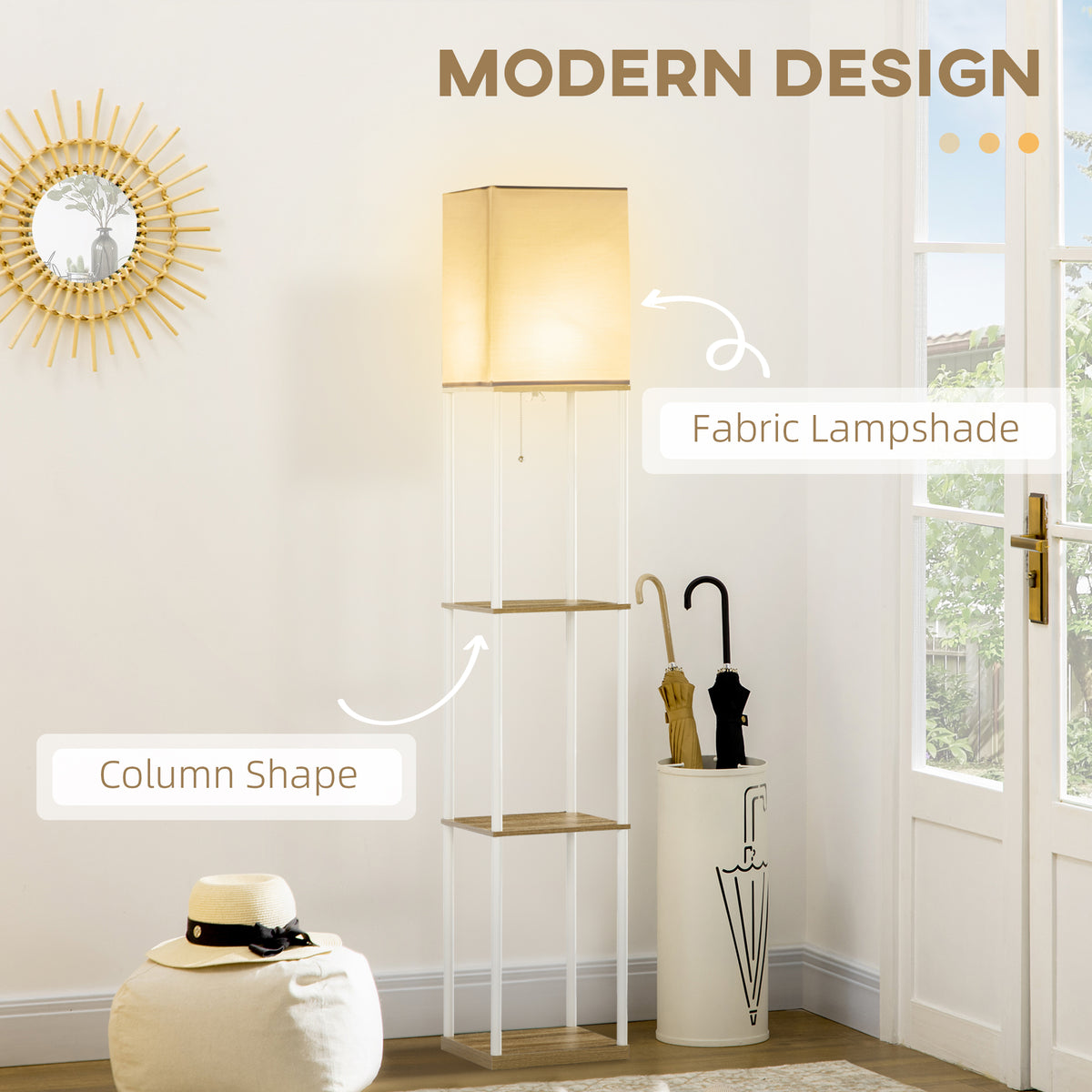 Modern Metal Floor Lamp with Shelves, 3 Layer Shelf Tall Standing Lamp with Fabric Lampshade, Pull Chain Switch for Living Room, Bedroom, Bulb not Included, White