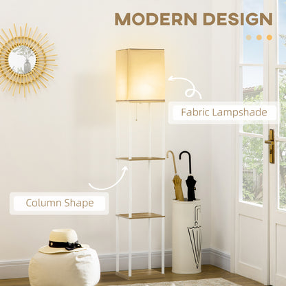 Modern Metal Floor Lamp with Shelves, 3 Layer Shelf Tall Standing Lamp with Fabric Lampshade, Pull Chain Switch for Living Room, Bedroom, Bulb not Included, White