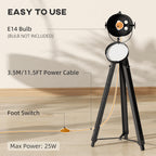 Industrial Tripod Floor Lamp, Nautical Searchlight with Adjustable Height, Wood Legs, E14 Lamp Base for Living Room, Bedroom, Black