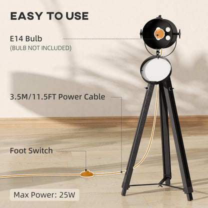 Industrial Tripod Floor Lamp, Nautical Searchlight with Adjustable Height, Wood Legs, E14 Lamp Base for Living Room, Bedroom, Black