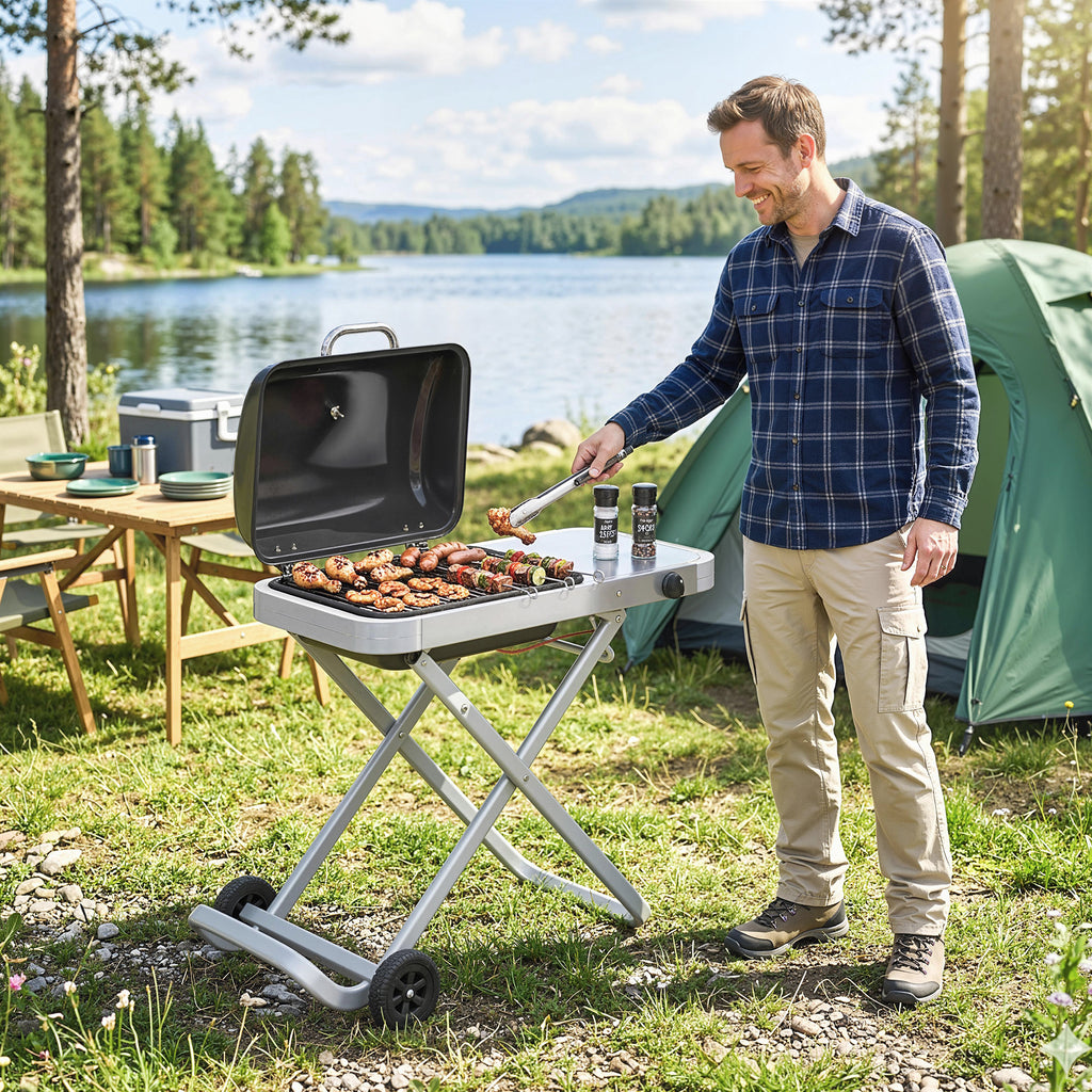Outsunny Foldable Gas BBQ Grill with Side Table, Portable Gas Barbecue Grill with Thermometer, Grease Box, Wheels, 2.5 kW, Black