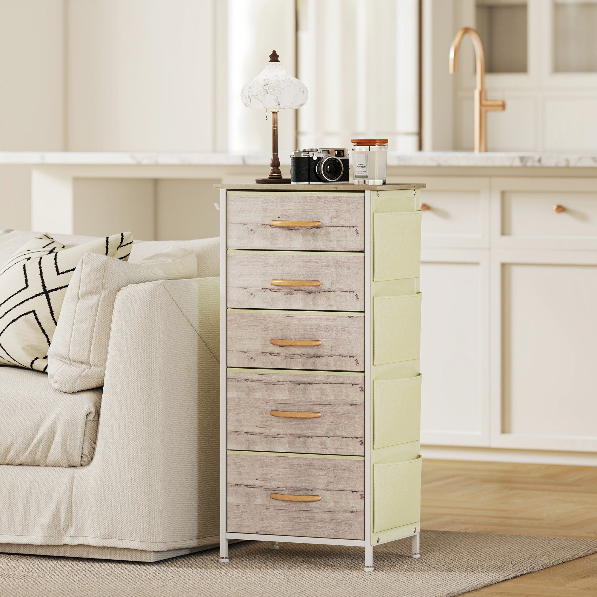 HOMCOM Chest of Five Fabric Drawers - Natural Wood Finish