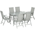 Outsunny 7 Piece Garden Dining Set, Outdoor Table and 6 Folding and Reclining Chairs, Aluminium Frame, Tempered Glass Top Table, Texteline Seats, Grey