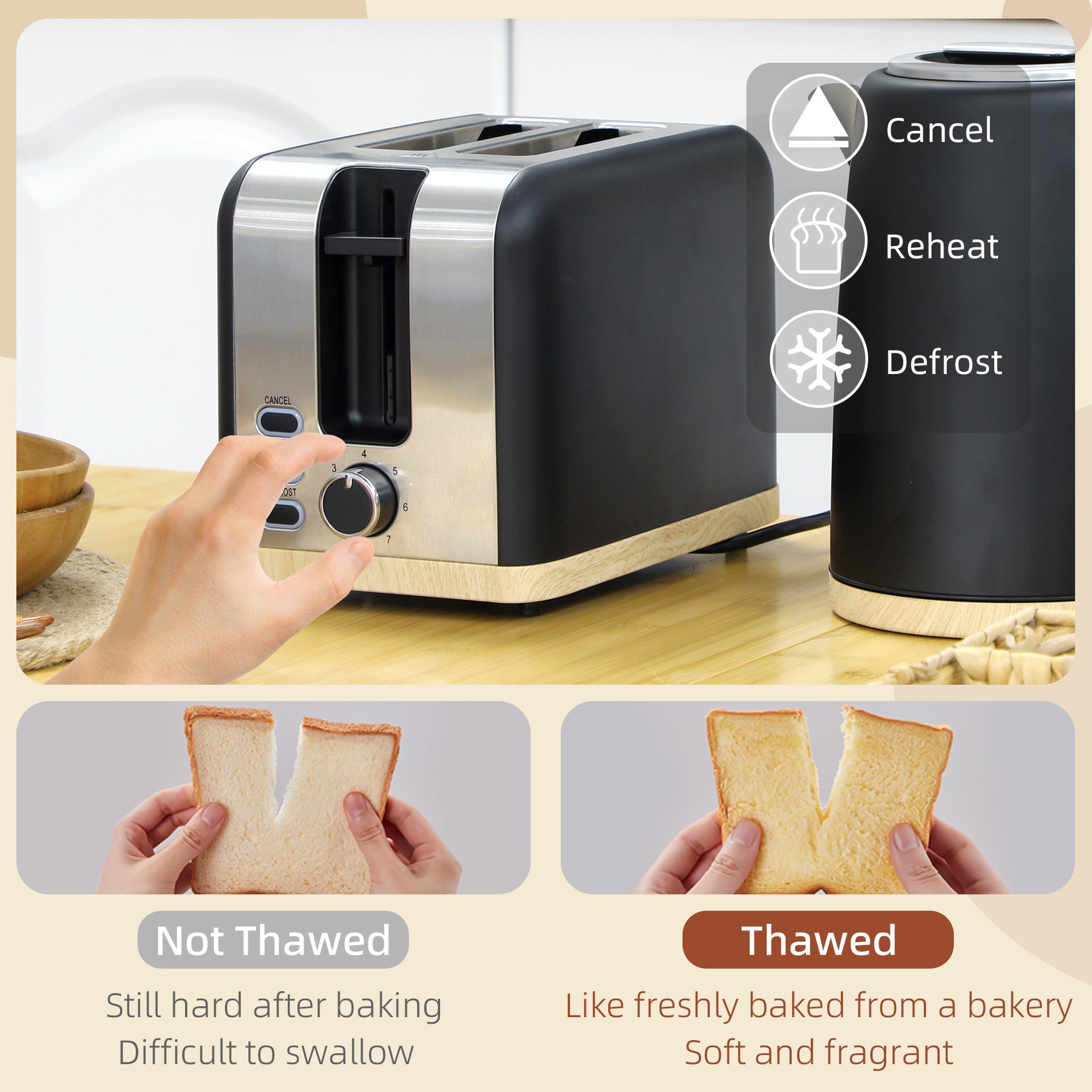 Stainless Steel Kettle and Toaster Set, 1.7L 3000W Fast Boil Kettle & 2 Slice Toaster Kitchen Set with 7 Level Browning Controls, Defrost, Reheat, Auto Off, Boil-dry Protection, Black