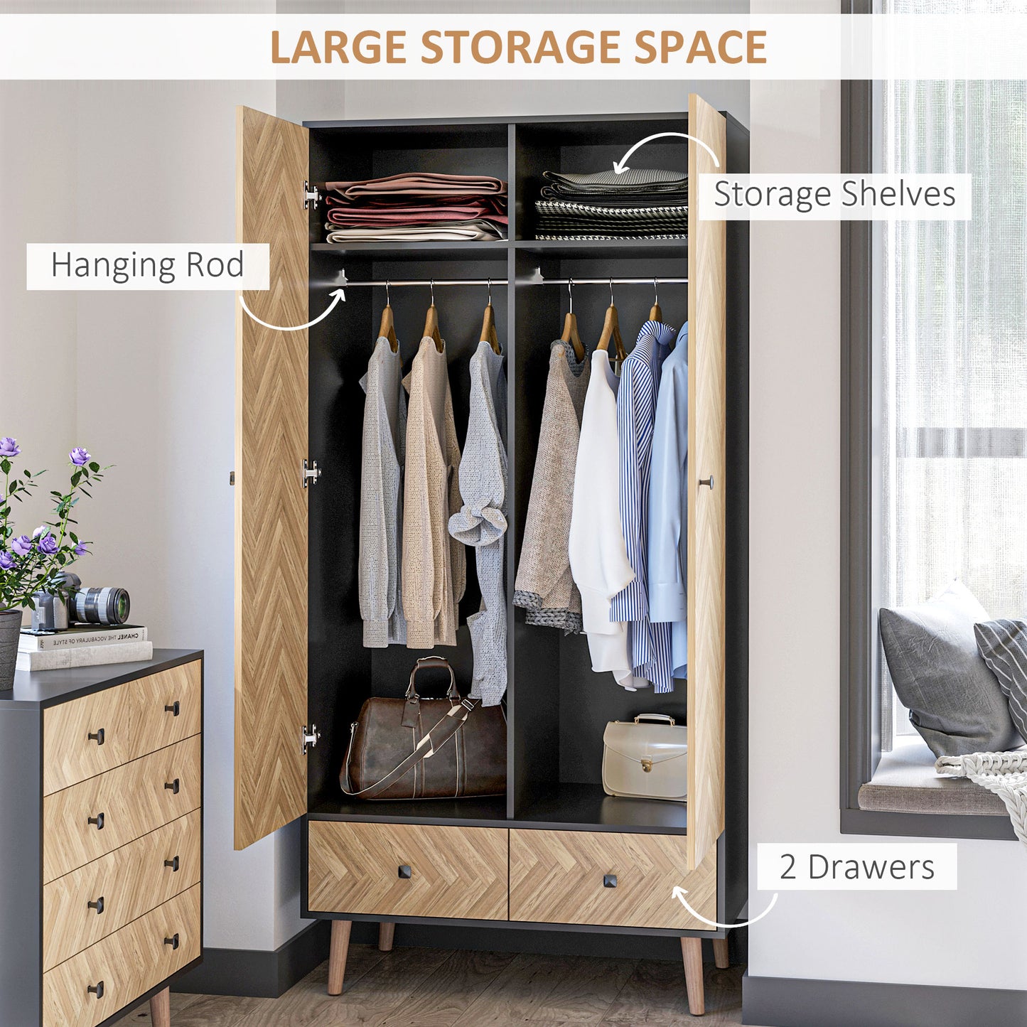 Modern Wardrobe Cabinet Wood Grain Sticker Surface with Shelf, Hanging Rod and 2 Drawers 90x50x190cm