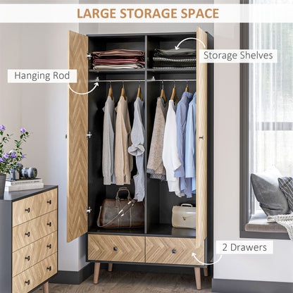 Modern Wardrobe Cabinet Wood Grain Sticker Surface with Shelf, Hanging Rod and 2 Drawers 90x50x190cm